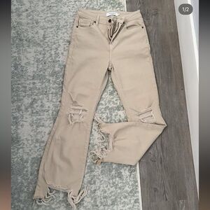 Hidden Frayed Hem Tan Women Jeans